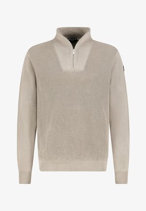 Light beige pullover with a quarter-zip collar, textured knit pattern, ribbed hem and cuffs, made from soft fabric for comfort.