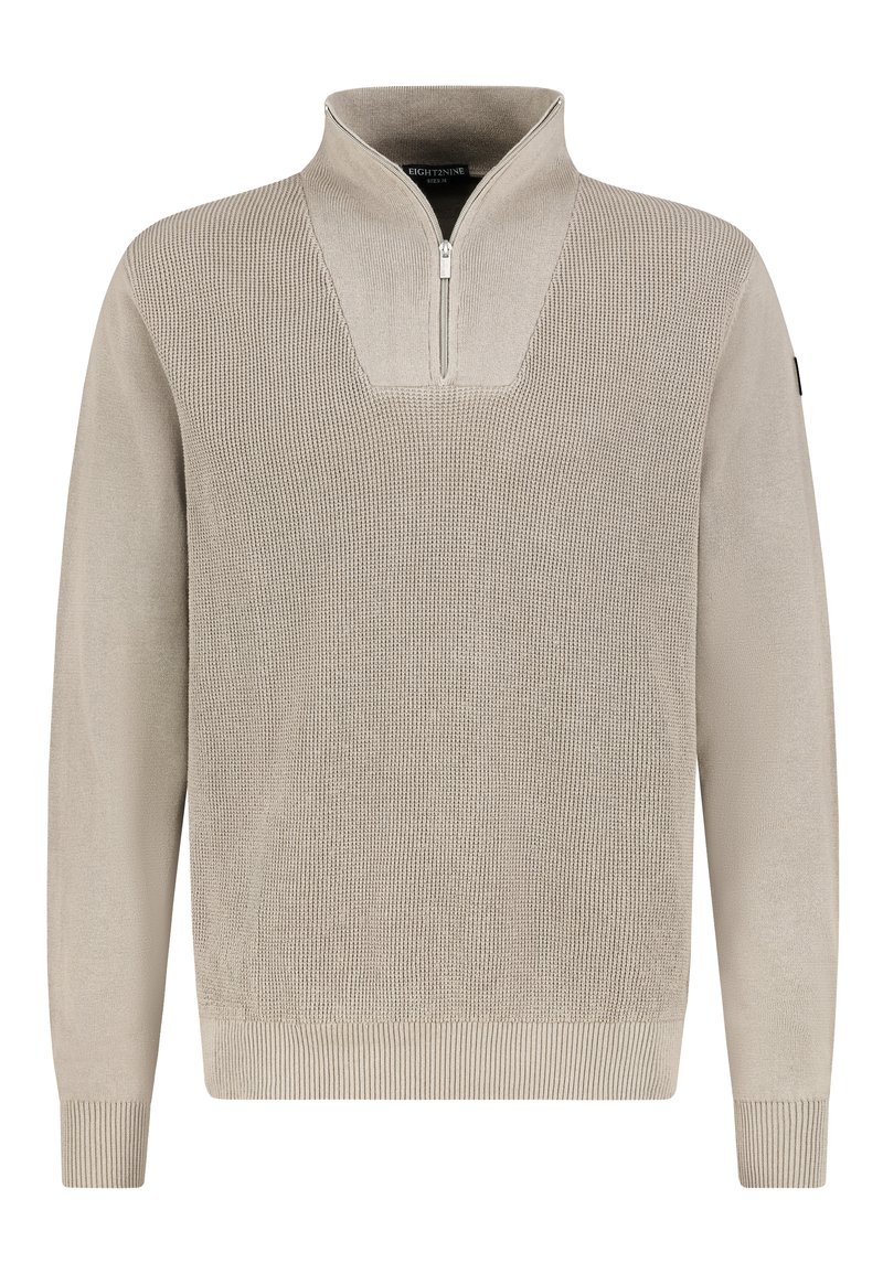 Helle beige Pullover mit einem Viertelreißverschluss-Kragen, strukturiertem Strickmuster, geripptem Saum und Bündchen, aus weichem Material für hohen Tragekomfort.