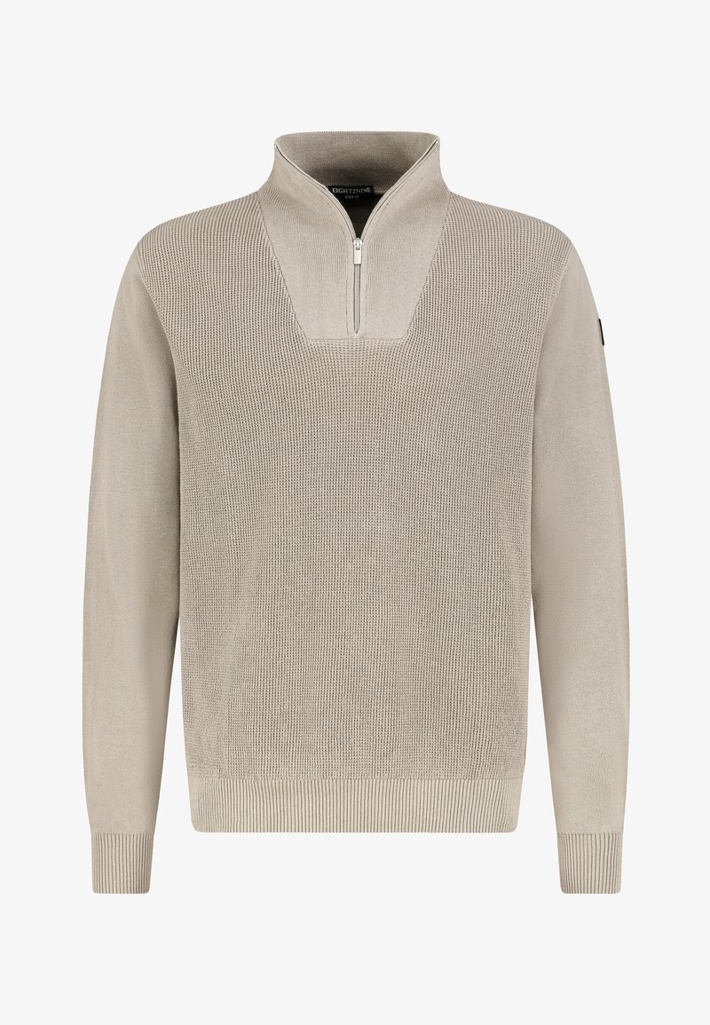 Helle beige Pullover mit einem Viertelreißverschluss-Kragen, strukturiertem Strickmuster, geripptem Saum und Bündchen, aus weichem Material für hohen Tragekomfort.