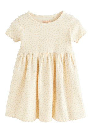 Dievčenské krémové šaty s krátkym rukávom, drobným žltým kvetinovým vzorom, okrúhlym výstrihom a nariaseným pásom.