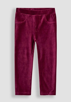 Leggings de pana burdeos con cintura elástica, que presentan dos bolsillos frontales y una superficie suave y texturada.