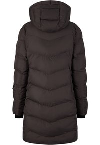 Tmavě hnědá péřová bunda s kapucí, s designem ve tvaru chevronu, žebrovanými manžetami a střední délkou pro teplo a pokrytí.