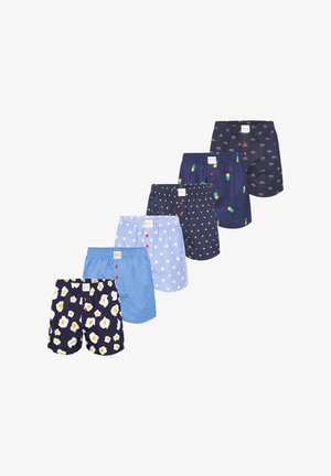 Kuusi paria bokserihousuja erivärisinä ja -kuosisina: laivastonsininen pyörillä, ananaksilla, pilkuilla ja kukkakuoseilla; vaaleansiniset raidat.