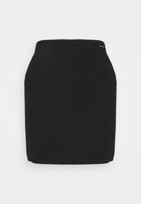 Schwarzer Minirock aus glattem Stoff. Verfügt über ein elegantes, tailliertes Design mit einem dezenten Bund und einer zentralen Naht, die vertikal auf der Rückseite verläuft.
