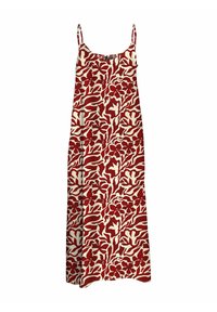 Robe maxi à motif floral rouge et crème, avec des bretelles fines, une coupe décontractée et une texture de tissu lisse.