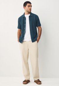 Short-sleeve teal striped shirt with button closure, paired with beige loose-fitting trousers and brown sandals. Smooth texture throughout.