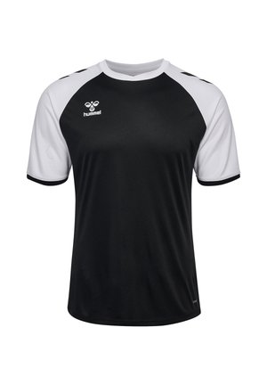 Sort sportsjersey med hvide raglanærmer, hvid krave og Hummel-logo på højre bryst.