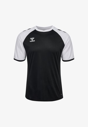 Sort sportsjersey med hvide raglanærmer, hvid krave og Hummel-logo på højre bryst.
