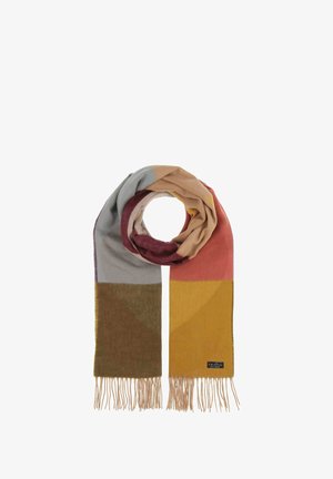 Sciarpa multicolore con motivi geometrici in grigio, beige, borgogna, rosa e senape. Rifinita con frange. Texture morbida.