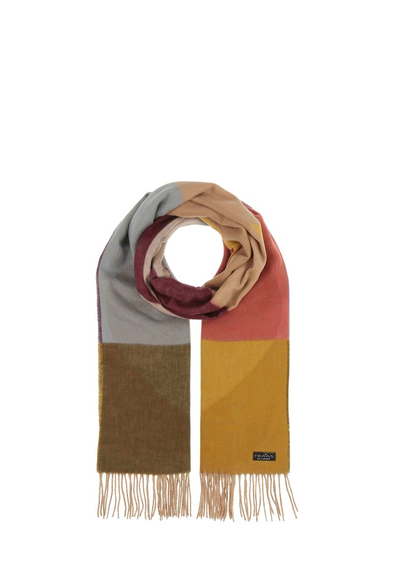 Multicolored scarf featuring geometric patterns in grey, beige, burgundy, pink, and mustard. Finished with fringe detailing. Soft texture.