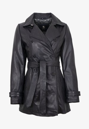 Schwarzer Leder-Trenchcoat mit doppelreihigen Knöpfen, weitem Kragen, verstellbarem Gürtel und strukturiertem Finish. Gefüttert mit gemustertem Stoff.