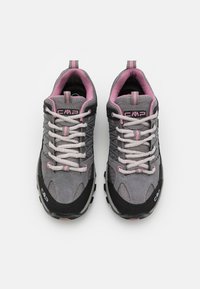 Gray hiking shoes with pink accents; made of textile and synthetic materials. Features a lace-up design and textured rubber outsole.