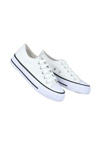 Zapatillas de lona blancas con suelas de goma, puntera redonda, franjas negras a lo largo de los lados y cierre de cordones con seis ojales. Diseño clásico con un acabado texturizado.