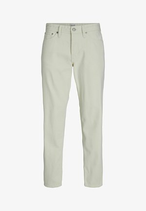 Jasno beżowe dżinsy wykonane z bawełny, z prostymi nogawkami, pięcioma kieszeniami, metalowym zapięciem i subtelnymi detalami ściegów.