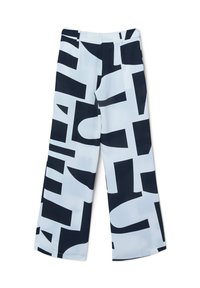 Weite Hose aus Stoff mit einem hellblauen Hintergrund und kräftigen schwarzen, abstrakten Textmustern, mit einer glatten Textur und maßgeschneidertem Bund.