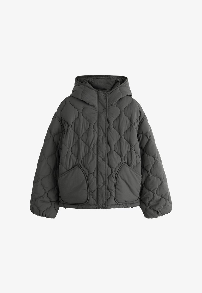 Black quilted hooded jacket with large front pockets and snap button closure, featuring a wavy stitched pattern.