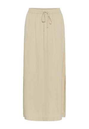 Beige midi skirt with an elastic waistband and drawstring, made from lightweight fabric, featuring side slits for ease of movement.