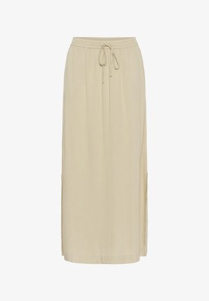 Beige midi skirt with an elastic waistband and drawstring, made from lightweight fabric, featuring side slits for ease of movement.
