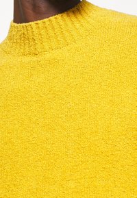 Gelbes Sweater aus strukturiertem, flauschigem Stoff. Mit einem hohen, gerippten Ausschnitt. Nahaufnahme hebt die lebendige Farbe und das Material hervor.