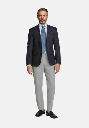 Uomo che indossa una giacca a righe scure, camicia azzurro chiaro, cravatta blu, pantaloni grigio chiaro e scarpe eleganti nere, in piedi con espressione neutra.