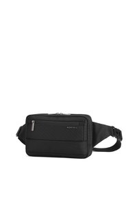 Borsa vita nera con superficie testurizzata, scomparto principale con zip, tasca frontale e cinturino regolabile. Presenta hardware e logo in argento.