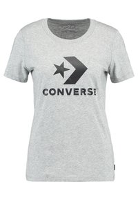 Szara bawełniana koszulka z krótkim rękawem, z dużym czarnym logo "CONVERSE" oraz grafiką gwiazdy i strzały na środku.