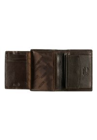 Bruine leren portemonnee, met een bi-vouw ontwerp. Bevat kaartsleuven, een compartiment voor contant geld en een texturezak. Interieur gevoerd met gebrandmerkte stof.
