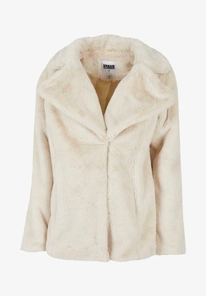 Svetle béžová umělá kožešinová bunda s širokým límcem, dlouhými rukávy a jemným, strukturovaným povrchem. Má nezapnuté přední otevření.