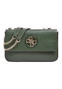 Musta vihreä teksturoitu nahkalaukku, jossa on kultaketjuolkain ja pyöreä kultainen logo-embleemi etuolkaimella.