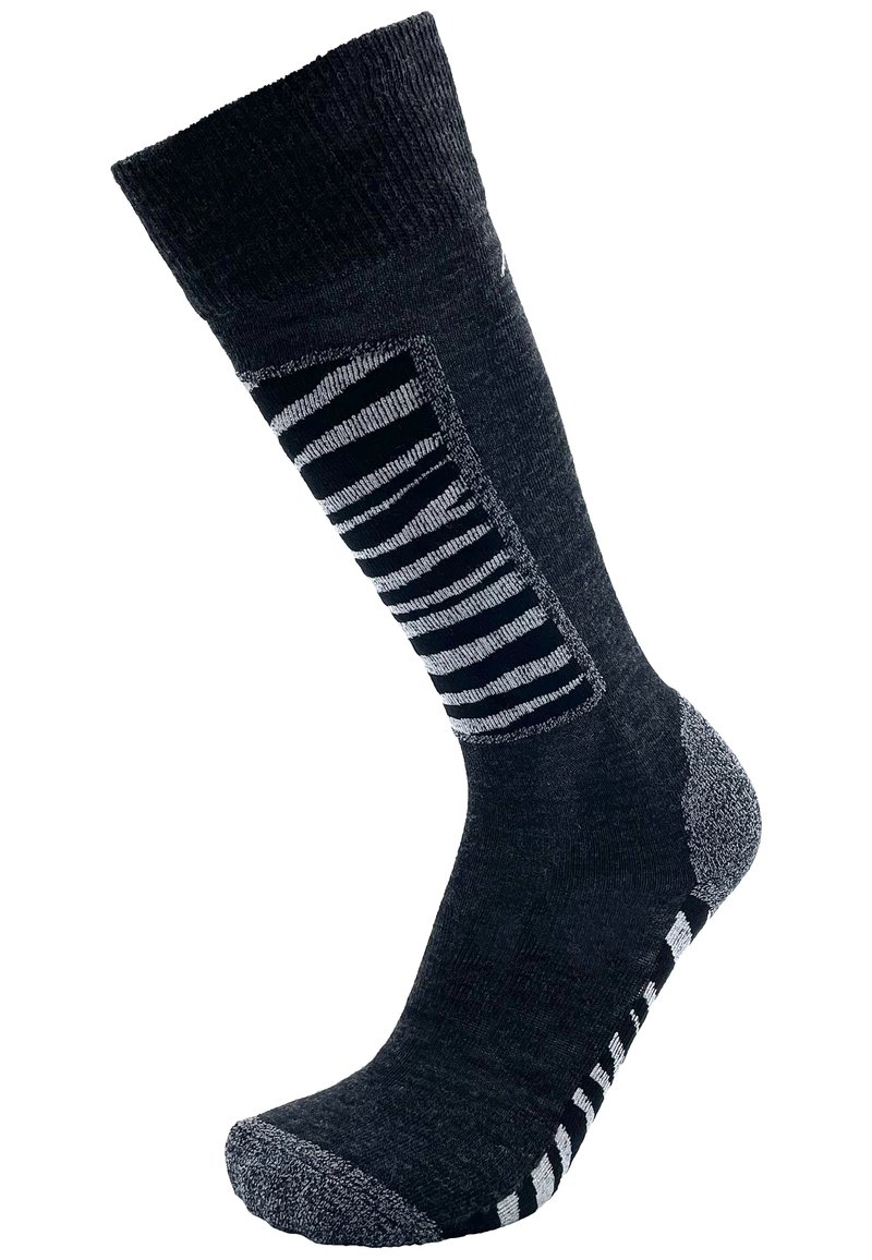 Black knee-high sock with a textured cuff, featuring a striped pattern in dark gray and light gray along the side and sole.