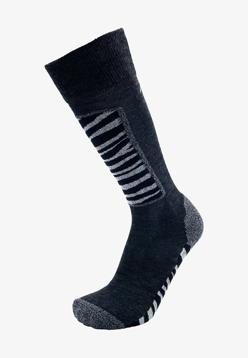 Black knee-high sock with a textured cuff, featuring a striped pattern in dark gray and light gray along the side and sole.