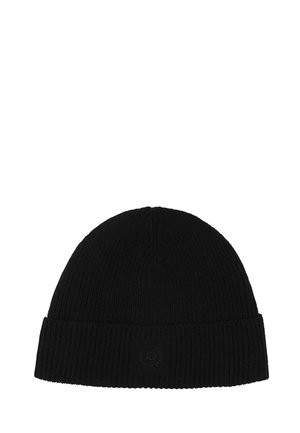 Black ribbed knit beanie with folded cuff and small embroidered logo on front center.