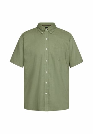 Kortærmet olivengrøn skjorte med knapper, knaplukket krave og brystlomme, lavet af tekstureret stof.