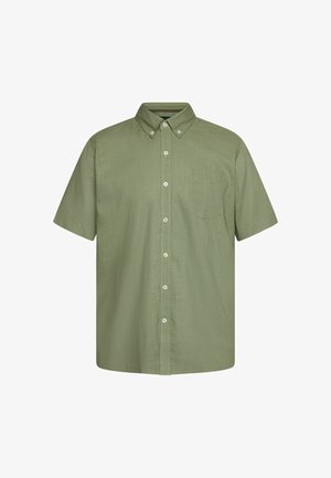 Kortærmet olivengrøn skjorte med knapper, knaplukket krave og brystlomme, lavet af tekstureret stof.