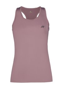 Ljusrosa sporttopp i ett slätt, elastiskt material. Har en racerback-design och en liten svart logotyp på framsidan.