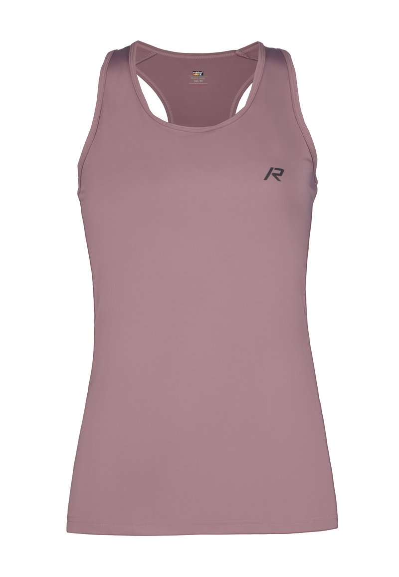 Ljusrosa sporttopp i ett slätt, elastiskt material. Har en racerback-design och en liten svart logotyp på framsidan.