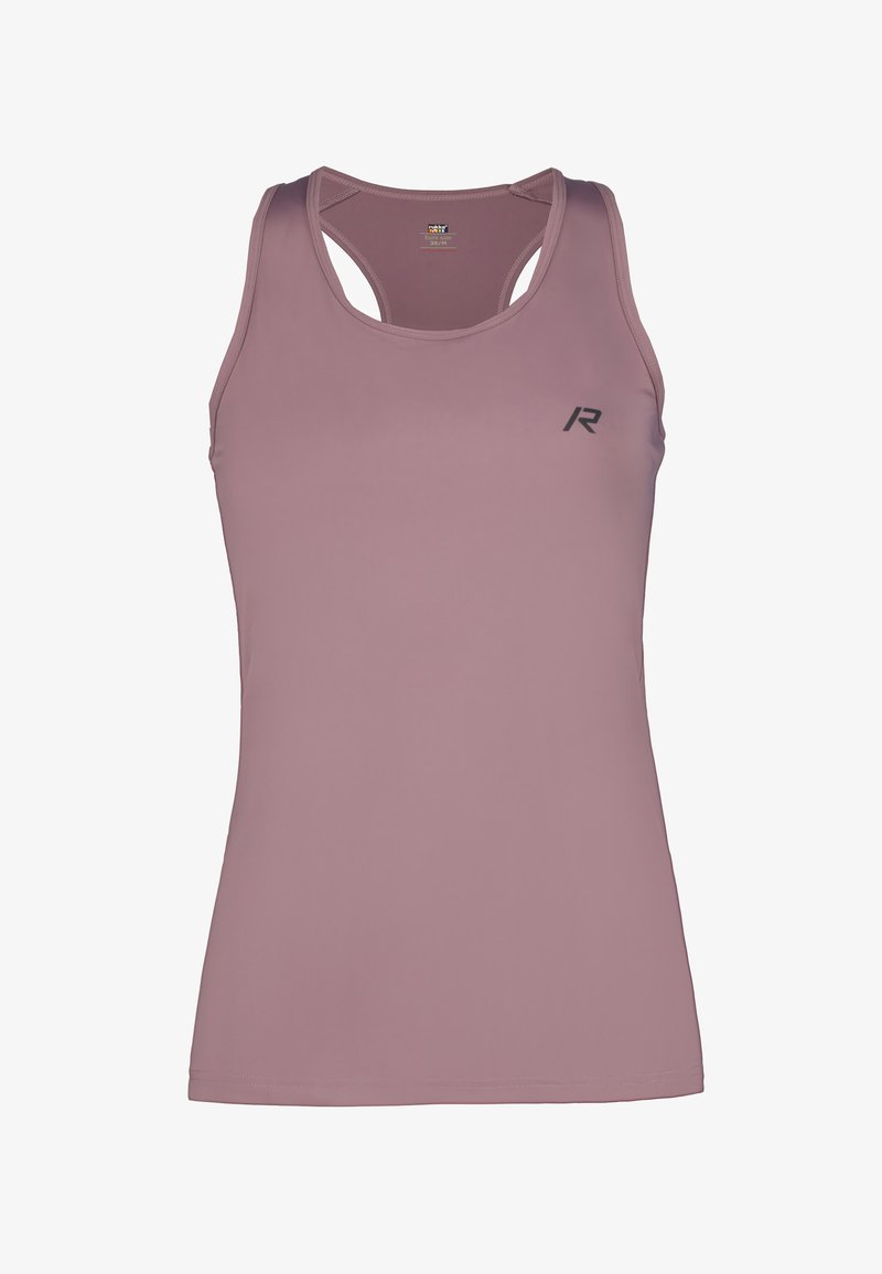 Lichtroze sporttanktop gemaakt van gladde, rekbare stof. Heeft een racerback ontwerp en een klein zwart logo aan de voorkant.