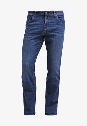 Dark blue denim jeans with a straight fit, featuring five pockets, a button fly, and subtle whiskering on the thighs.