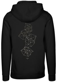 Schwarzer Hoodie mit einem geometrischen Muster auf der Rückseite in hellgrau. Das Material wirkt weich, hat eine standardmäßige Passform und gerippte Bündchen.