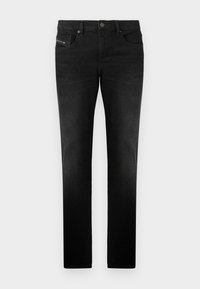 Jeans negros de denim con corte recto, con bolsillos frontales y cierre de botón metálico, textura suave y detalles de costura sutiles.