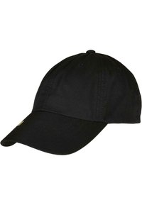 Must musta k baseball cap, mille kaareva ääre, kuue paneeliga ja tikitud õhutusavadega. Lihtne disain, ilma nähtavate logodeta.