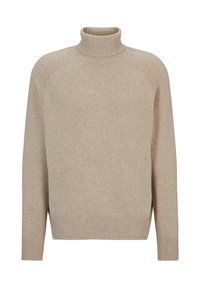 Beige polotröja i mjukt stickat tyg, med ribbad krage och nederkant, avslappnad passform och raglanärmar.