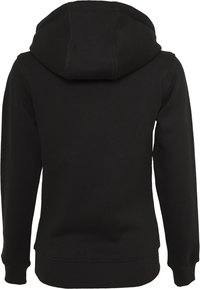 Felpa nera con cappuccio realizzata in un misto cotone, caratterizzata da un cappuccio foderato, polsini e orlo a costine. Tessuto liscio, design minimalista, senza branding visibile.