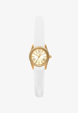 Zlaté kulaté hodinky Michael Kors s bílým koženým páskem, římské číslice a tři ručičky ukazující čas 10:10:36.