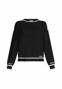 Pull noir à manches longues avec bordure blanche sur le col, les poignets et l'ourlet, arborant le logo "LIU JO" sur les manches et le bas, avec un détail de fermeture éclair sur l'épaule.