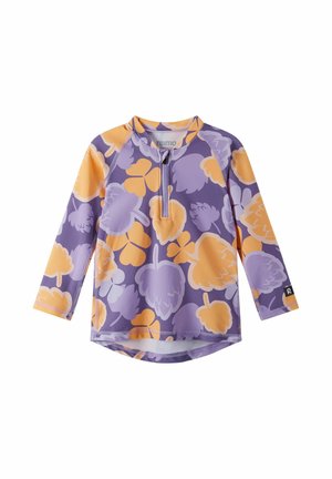 Fioletowa koszula z długim rękawem z pomarańczowymi i lawendowymi wzorami liści, zamkiem z przodu oraz asymetrycznym dołem, zaprojektowana dla dzieci.