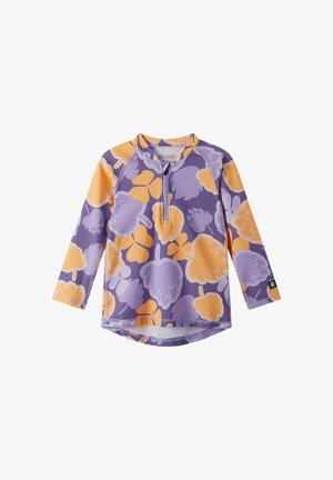Fioletowa koszula z długim rękawem z pomarańczowymi i lawendowymi wzorami liści, zamkiem z przodu oraz asymetrycznym dołem, zaprojektowana dla dzieci.