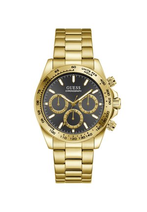 Goldfarbene Guess Chronograph-Uhr aus Metall mit schwarzem Zifferblatt, drei Hilfszifferblättern und Tachymeter-Lünette, Gliederarmband und Drücker-Krone.