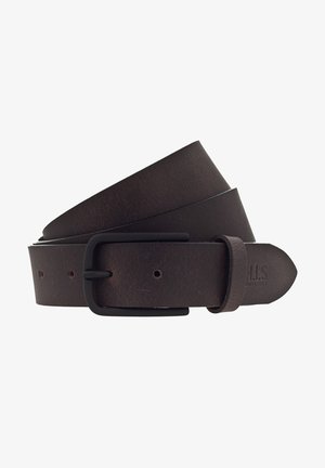 Brauner Leder-Gürtel mit einer mattschwarzen Metallschnalle. Glatte Textur, gerades Design und mehrere Löcher zur Größenanpassung.