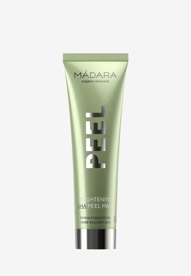 Rurka z maską peelingującą MÁDARA organic skincare AHA rozjaśniającą, z srebrną nakrętką, z napisem „ujawnia gładszą, bardziej promienną skórę” na jasnym zielonym tle.